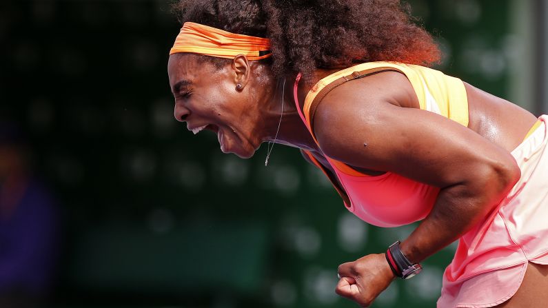 Serena Williams screams during her second-round match at the Miami Open on Saturday, March 28. Williams defeated Monica Niculescu in straight sets.