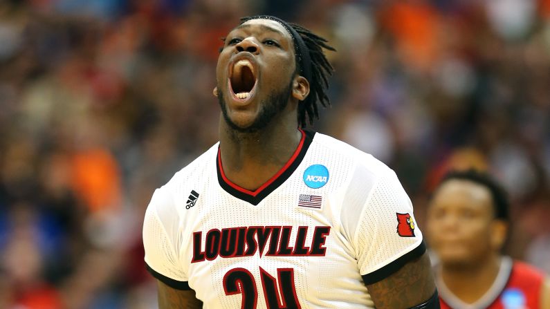 Louisville's Montrezl Harrell reacts after a shot Friday, March 27, during an NCAA Tournament game against North Carolina State. Harrell's team won the "Sweet Sixteen" matchup 75-65 in Syracuse, New York.