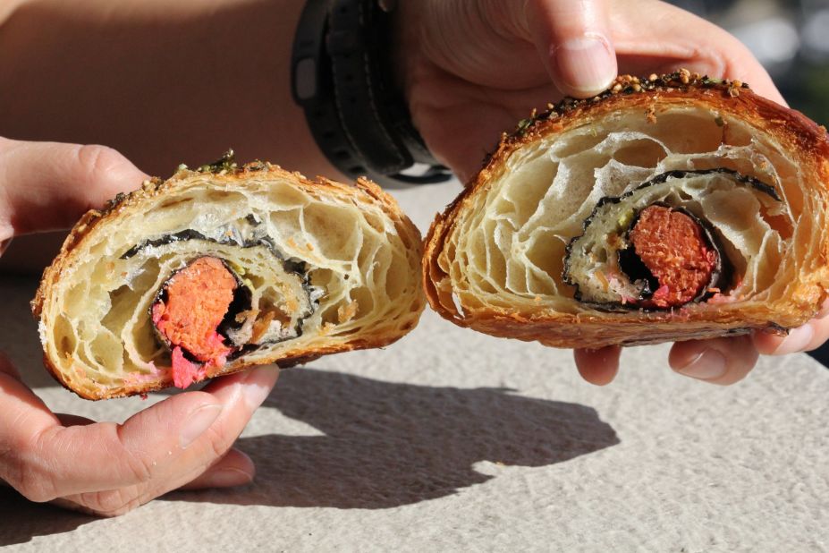 The California croissant is stuffed with smoked salmon, pickled ginger and wasabi and comes with a packet of soy sauce. 