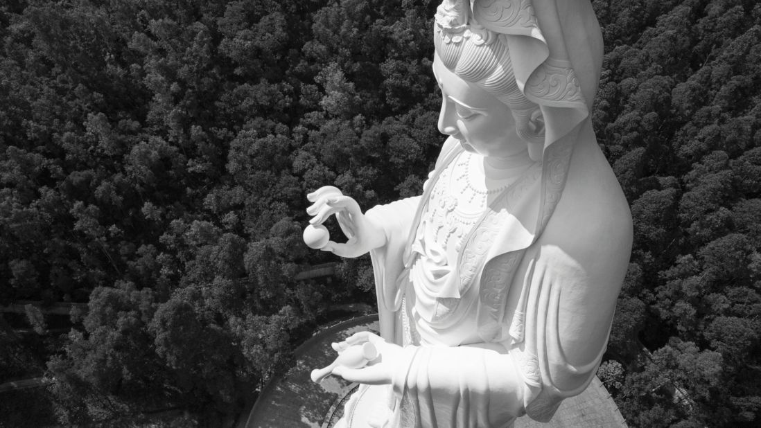It features the world's second tallest Guanyin statue -- the Goddess of Mercy. At 76 meters, it looks over the site and out to the harbor. People usually pray to the goddess for peace and blessings.