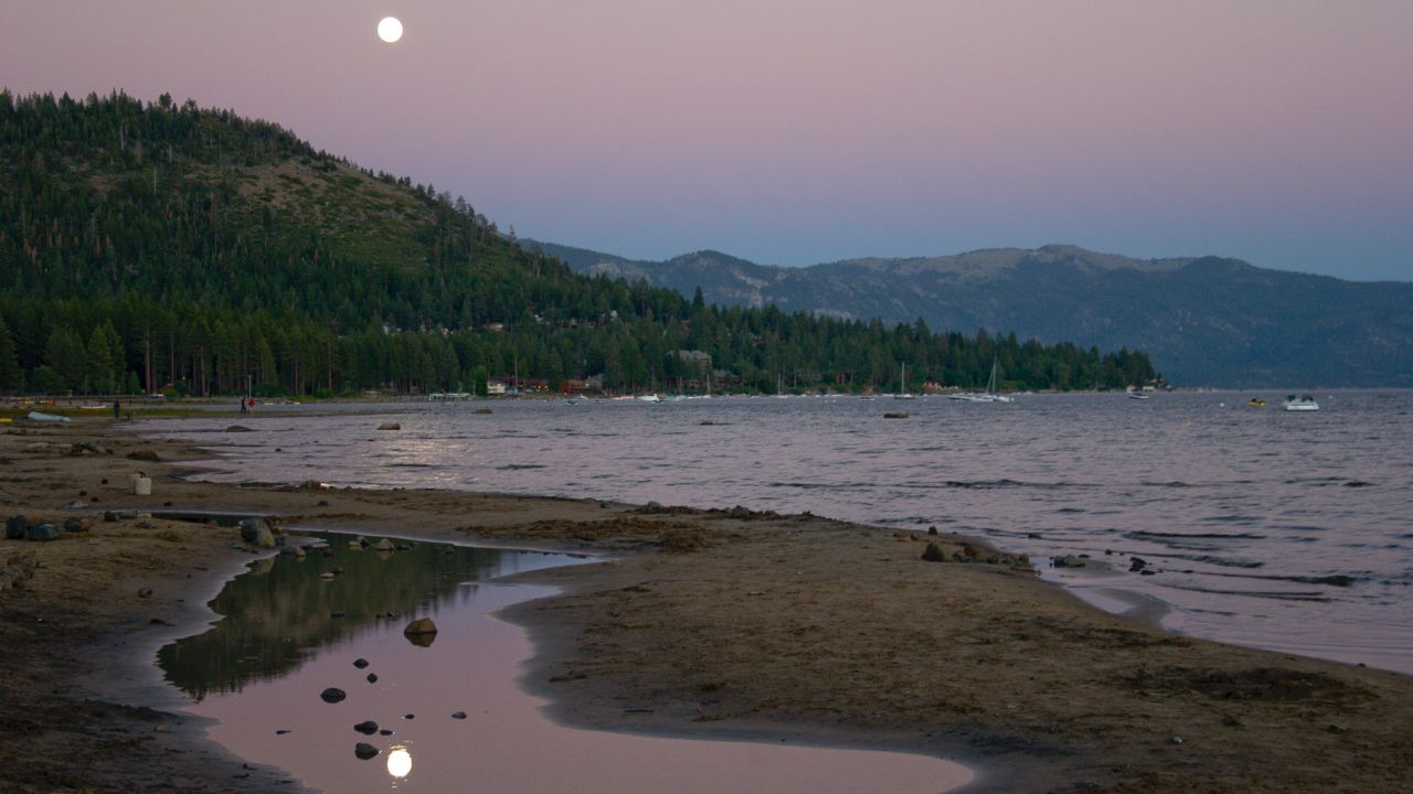 <strong>Kings Beach, California. </strong>After a full day of swimming, enjoy the sunset and moonrise at this Lake Tahoe, California, beach.