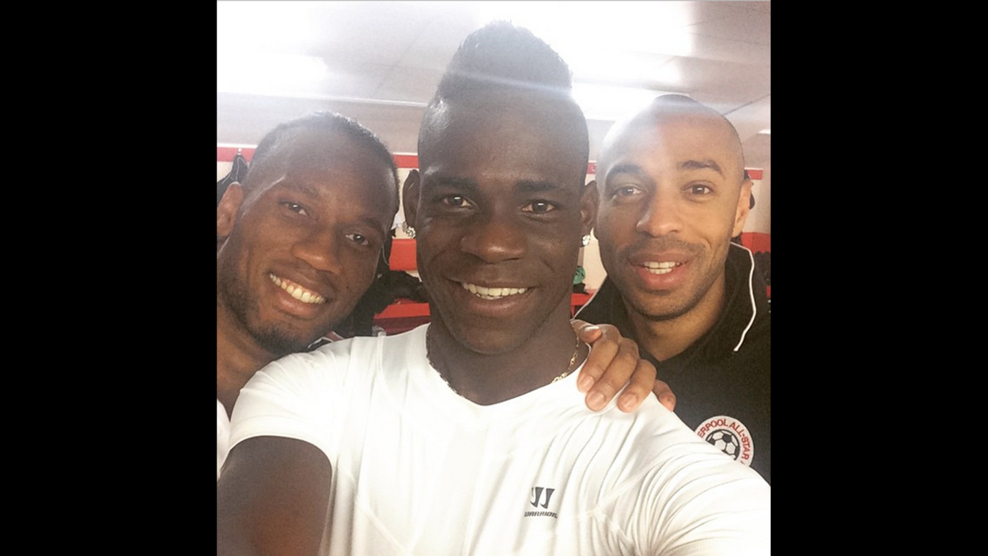 Italian soccer player Mario Balotelli, center, takes a selfie with two other great goal-scorers: Ivorian striker Didier Drogba, left, and former French star Thierry Henry. "LEGENDS," <a href="https://instagram.com/p/00Xsxsrj3T/?taken-by=mb459" target="_blank" target="_blank">Balotelli wrote on Instagram</a> on Sunday, March 29. "Always nice to see you guys."