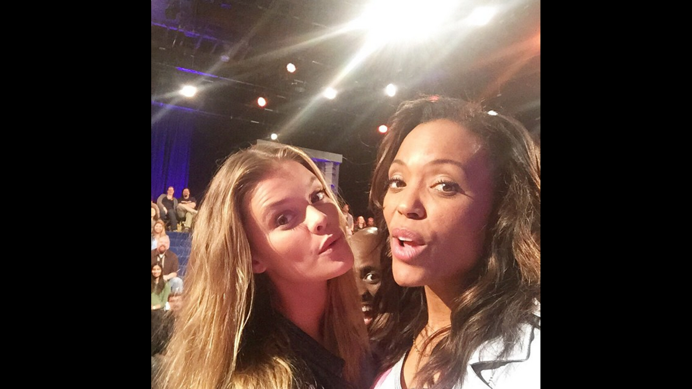 Model Nina Agdal, left, <a href="https://instagram.com/p/0pB9fohOM9/?taken-by=aishatyler" target="_blank" target="_blank">takes a photo with actress Aisha Tyler</a> on Wednesday, March 25, as they appear together on an upcoming episode of the improv comedy show "Whose Line Is It Anyway?" Tyler hosts the show.