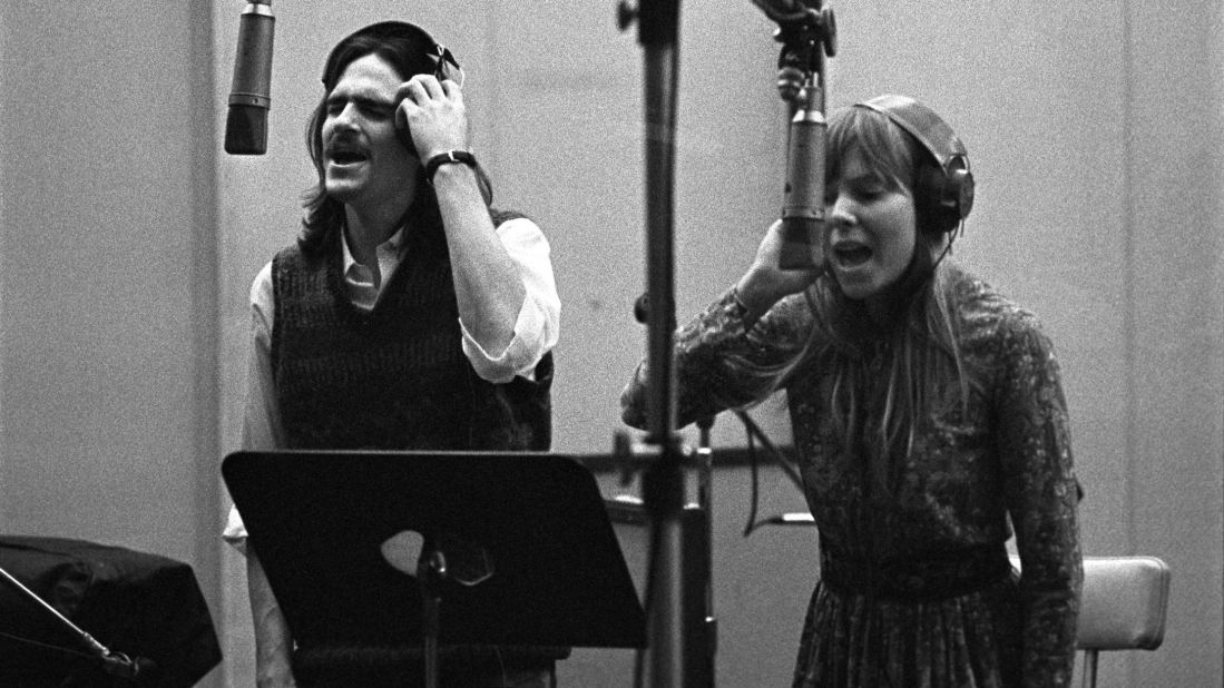 James Taylor and Mitchell provide backing vocals for Carole King's famous "Tapestry" album at A&M Records studio in Los Angeles in 1971.