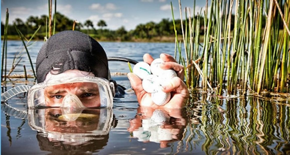 They're real-life treasure hunters. And in this case, the treasure is golf balls. Divers like Sam Harrison (pictured) can find 5,000 balls in just one lake and sell them secondhand at 75 cents apiece.