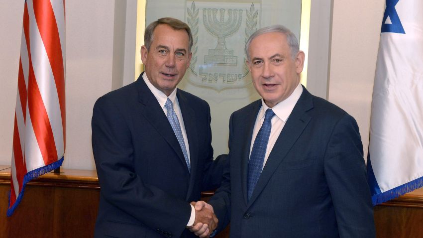 Caption: JERUSALEM, ISRAEL - APRIL 1: (ISRAEL OUT) In this handout provided by the Israeli Government Press Office, Israel Prime Minister Benjamin Netanyahu (R) meets with U.S. House Speaker John Boehner April 1, 2015 in Jerusalem, Israel. Boehner is leading a delegation of congressional Republicans to the Middle East amid intense debate over a pending nuclear deal with Iran. (Photo by Haim Zach/GPO via Getty Images)