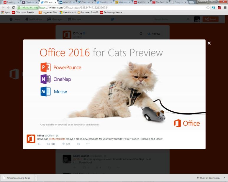 More cat humor! Microsoft also announced <a href="https://twitter.com/Office/status/583247441526390784" target="_blank" target="_blank">Office 2016 for Cats</a>. We're not sure what "PowerPounce" is, but we'd like to find out.