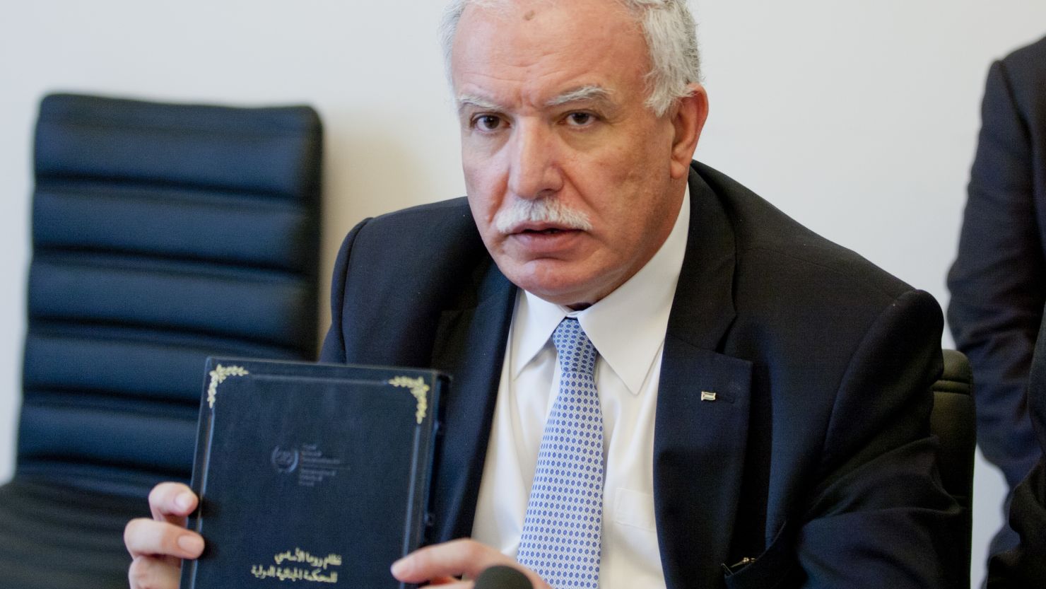 Palestinian Foreign Minister Riad Malki participates in a ceremony marking Palestinian membership in the International Criminal Court in The Hague, Netherlands, Wednesday, April 1, 2015. 