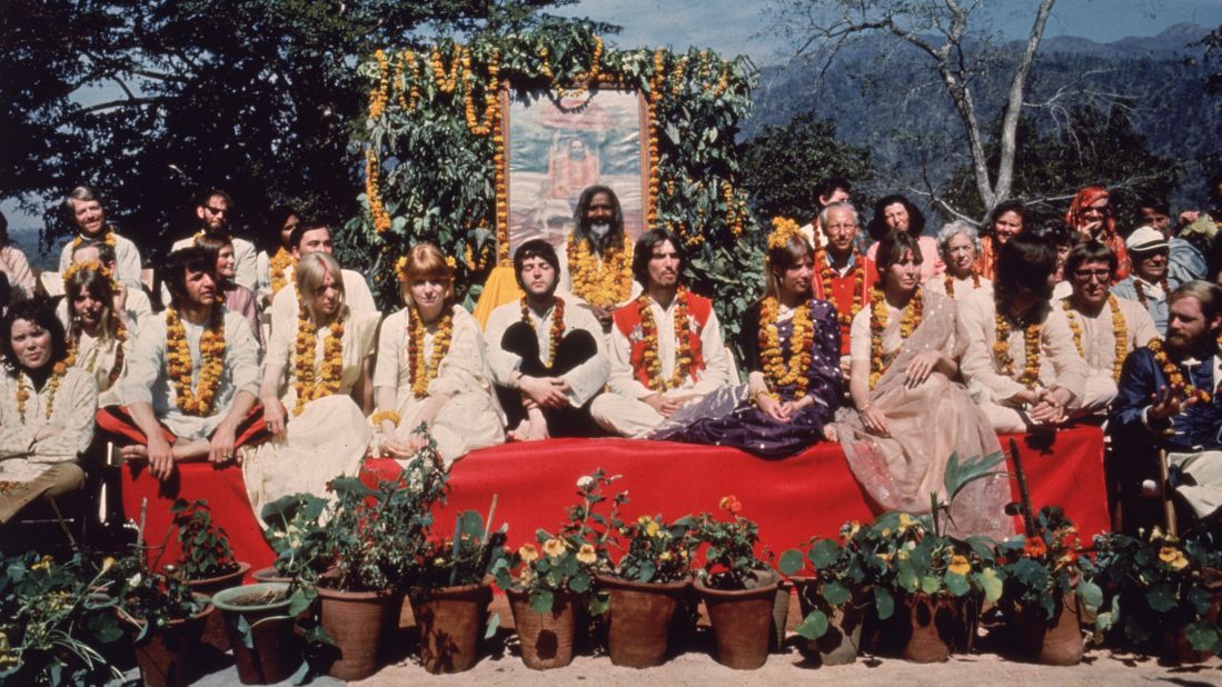The Beatles and their wives are seen in Rishikesh, India, with Maharishi Mahesh Yogi in March 1968.