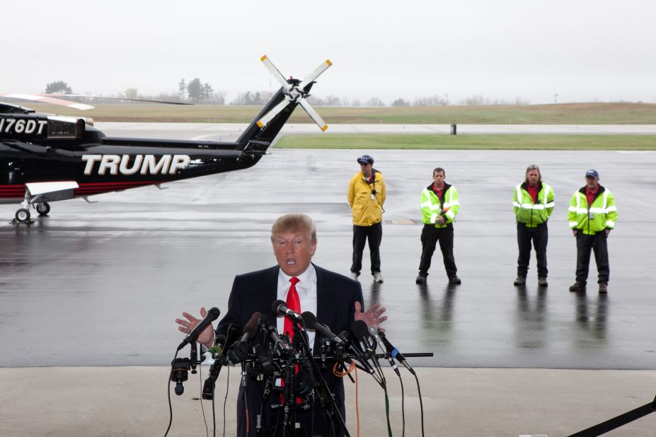 Trump speaks to the media at Pease International Tradeport on April 27, 2011, in Portsmouth, New Hampshire.