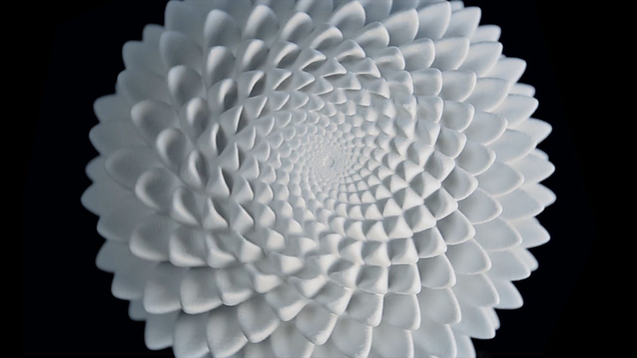 The placement of the sculpture's ridges follows the same pattern that can be seen across many natural forms -- such as pinecones' scales and sunflower seeds. The whole thing rotates at a speed that is synchronized to a flashing strobe light so that one flash occurs every time the sculpture turns 137.5º -- the so called "<a href="http://io9.com/5985588/15-uncanny-examples-of-the-golden-ratio-in-nature" target="_blank" target="_blank">golden angle</a>" beloved of mathematicians and natural scientists.