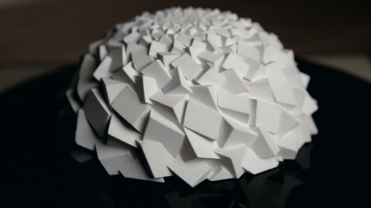 You're going to want to <a href="http://www.instructables.com/id/Blooming-Zoetrope-Sculptures/" target="_blank" target="_blank">see this one in action</a>. Sculptor <a href="http://web.stanford.edu/~edmark/FLV/video.htm" target="_blank" target="_blank">John Edmark</a> calls them "blooms": they're 3D-printed sculptures, designed to come to life when spun under a strobe light.