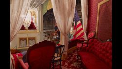 Interior of the box at Ford's Theatre where Abraham Lincoln was assassinated. After Booth shot Lincoln he lept on the stage from Lincoln's box, breaking his leg. As he ran from the stage, some heard Booth shout sic semper tyrannus , which is Latin for "thus always to tyrants".