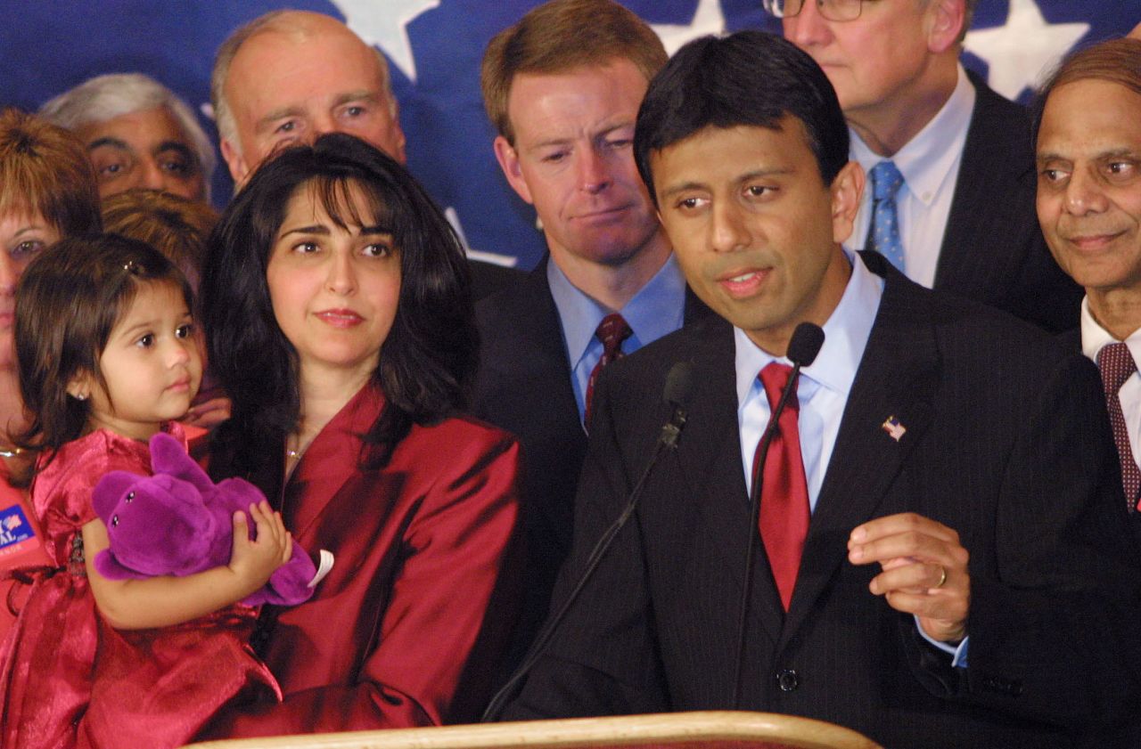 Jindal concedes defeat in the 2003 Louisiana governor's race at his election headquarters, with wife Supriya and 2-year-old daughter Selia-Elizabeth at his side.