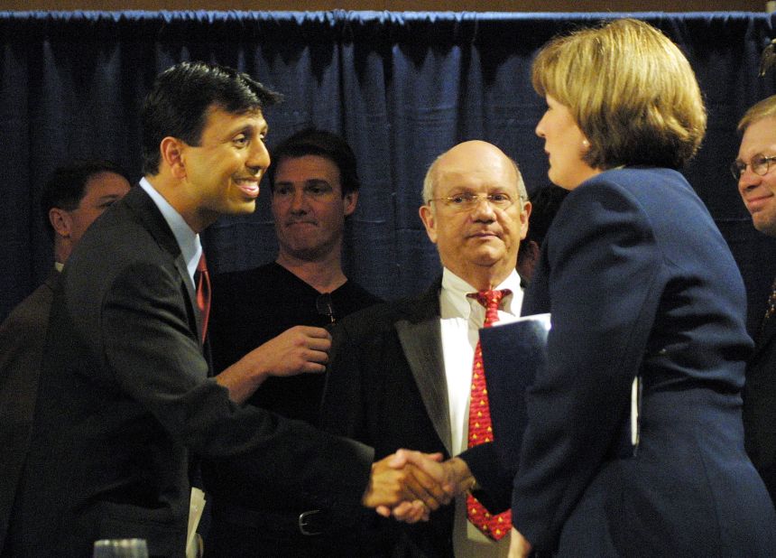 Jindal shakes hands with his Democratic opponent, Lt. Gov. Kathleen Blanco, at the Louisiana gubernatorial debate in 2003.