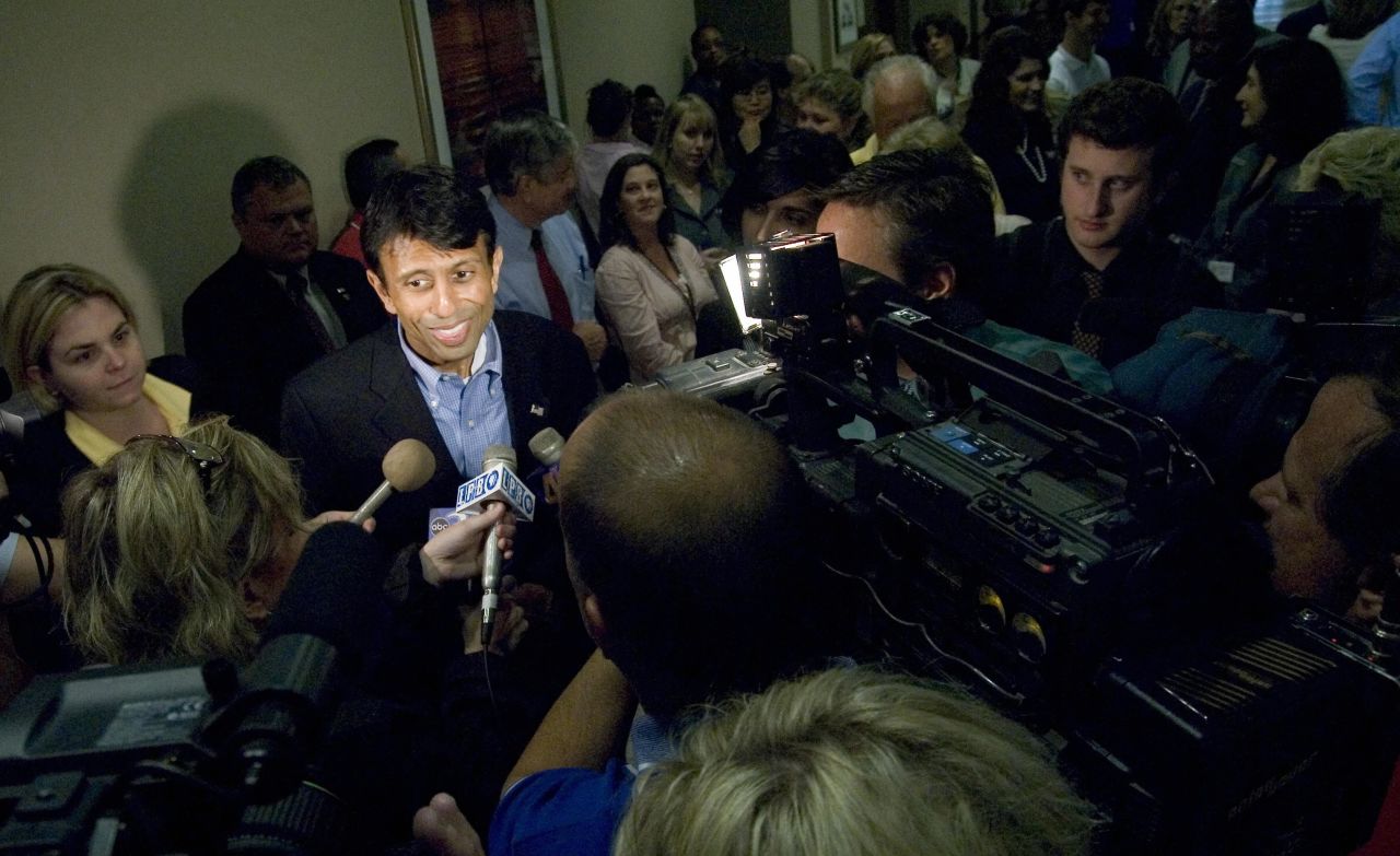 Jindal speaks to the media at a rally in Covington after his victory in the 2007 gubernatorial race.
