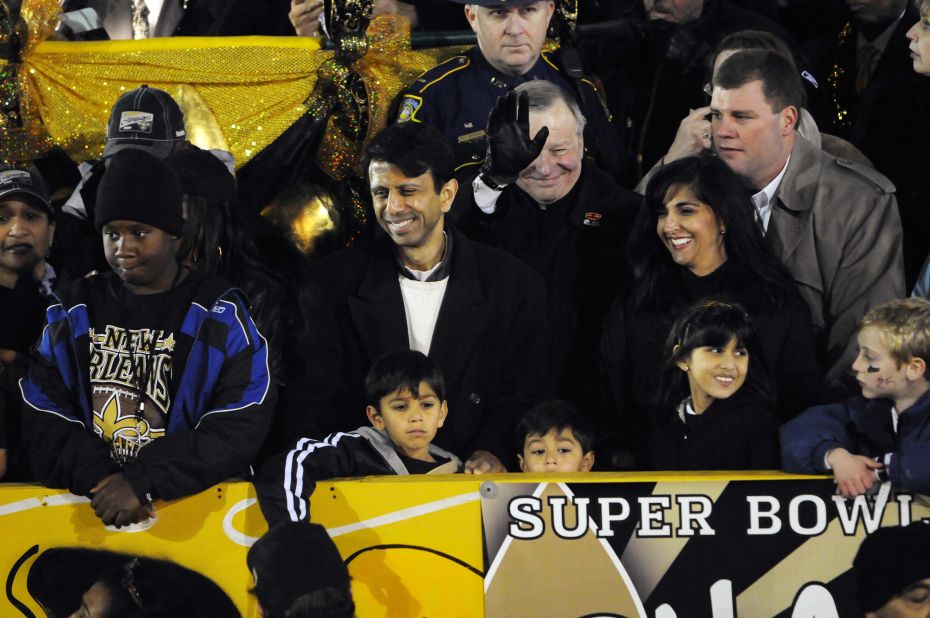 Jindal, his wife Supriya and children attend the New Orleans Saints Super Bowl XLIV victory parade on February 9, 2010.