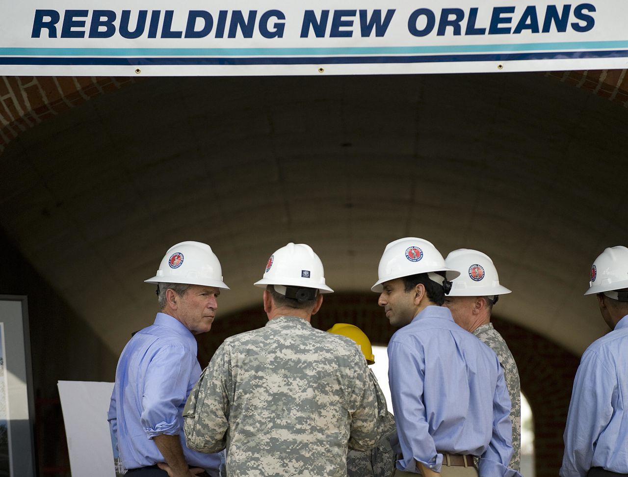 Jindal tours reconstruction efforts at Jackson Barracks, the headquarters of the Louisiana National Guard, with then-President George W. Bush on August 20, 2008.