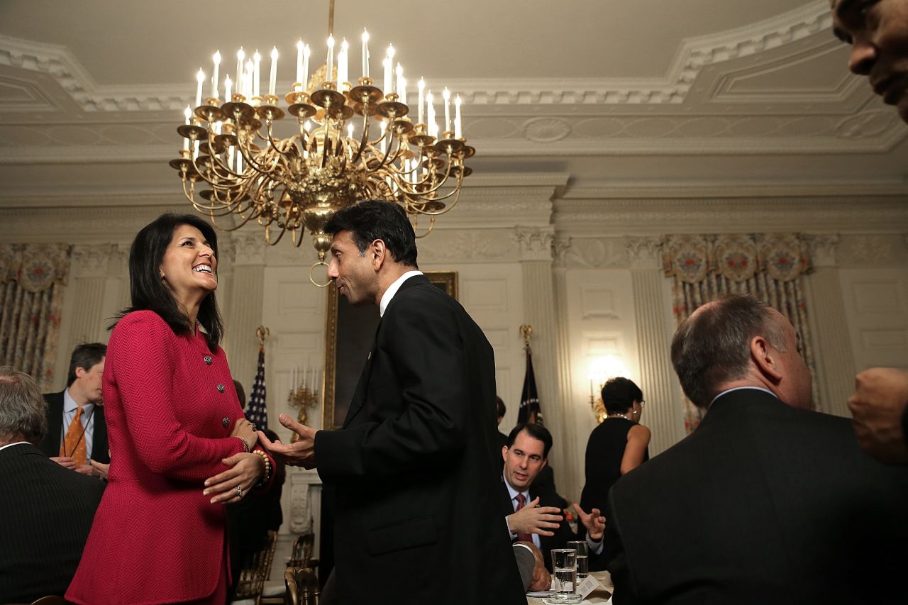 Jindal talks with South Carolina Gov. Nikki Haley before President Barack Obama addressed members of the National Governors Association at the White House on February 23.