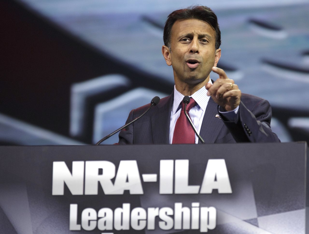Jindal, a gun rights advocate, speaks during the National Rifle Association Annual Meeting Leadership Forum on April 25, 2014 in Indianapolis.