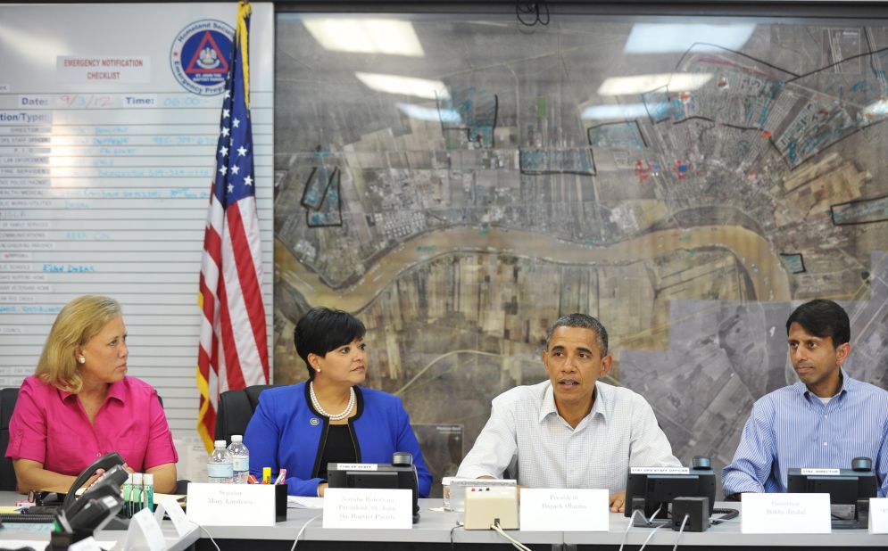 Following Hurricane Isaac, which hit Louisiana in August 2012, Jindal takes part in a briefing with President Obama, Sen. Mary Landrieu, D-Louisiana (left) and Saint John the Baptist Parish President Natalie Robottom in the Emergency Operations Center in LaPlace, Louisiana.