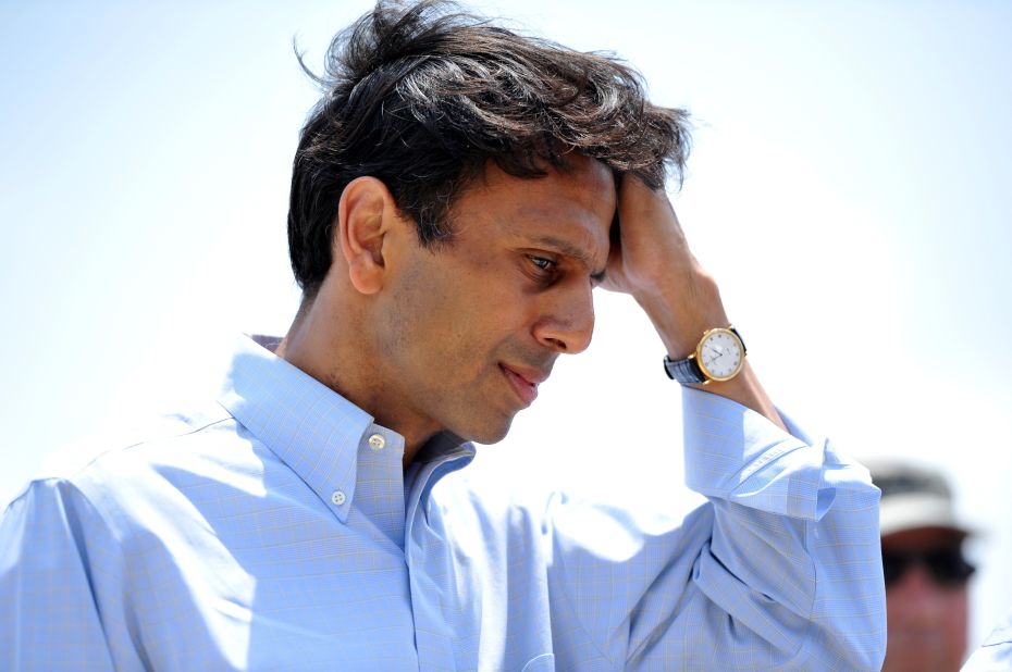 Jindal listens to reporters' questions in Venice, Louisiana, on May 12, 2010, after the BP oil spill, which has been called the largest environmental disaster in American history.