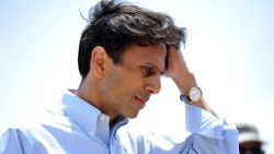 Louisiana Governor Bobby Jindal listens to a reporter's question in Venice, Louisiana on May 12, 2010 in light of the BP oil spill, which has been called the largest environmental disaster in American history.