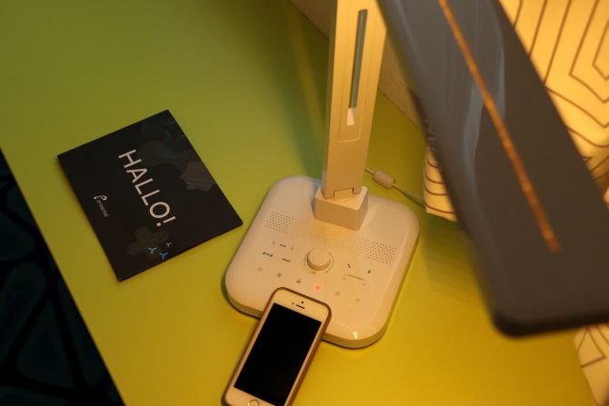 The rooms in the Prizeotel, Hamburg are fitted with music lamps -- lighting-stereo hybrids that let guests to listen to music via Bluetooth, recharge mobile phones and make phone calls.