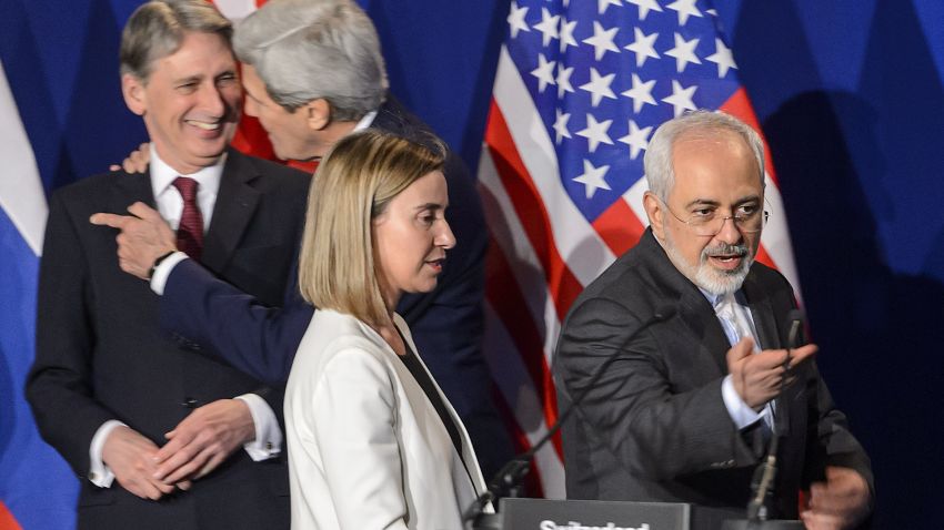 British Foreign Secretary Philip Hammond, U.S. Secretary of State John Kerry, EU foreign policy chief Federica Mogherini and Iranian Foreign Minister Mohammad Javad Zarif arrive prior to the announcement of an agreement on Iran nuclear talks on April 2, 2015 at the The Swiss Federal Institutes of Technology in Lausanne