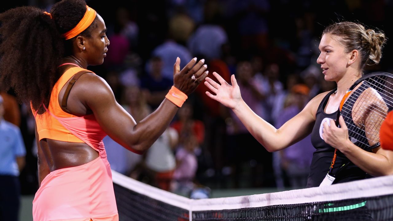 Serena Williams, left, advanced to the Miami Open final after beating Simona Halep in a three-set classic. 
