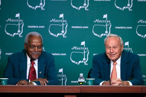 In 1990, Ron Townsend became the first Africa-American member at Augusta National. The TV executive is pictured left with four-time Masters winner Arnold Palmer in 2014.
