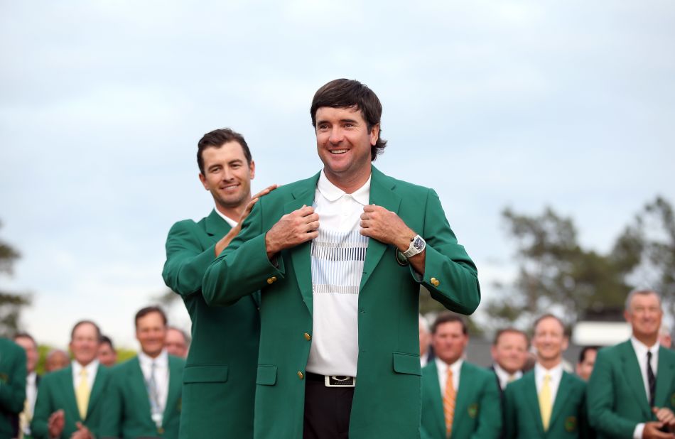 Bubba Watson won his second Masters title in 2014. The previous year's winner, Adam Scott, helped Watson into the jacket, as per tournament tradition. 