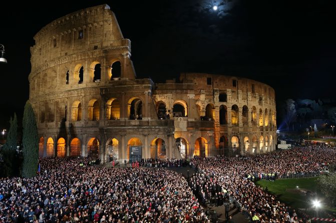 Pope Francis leads the Way of the Cross celebration at the Colosseum in Rome on April 3.
