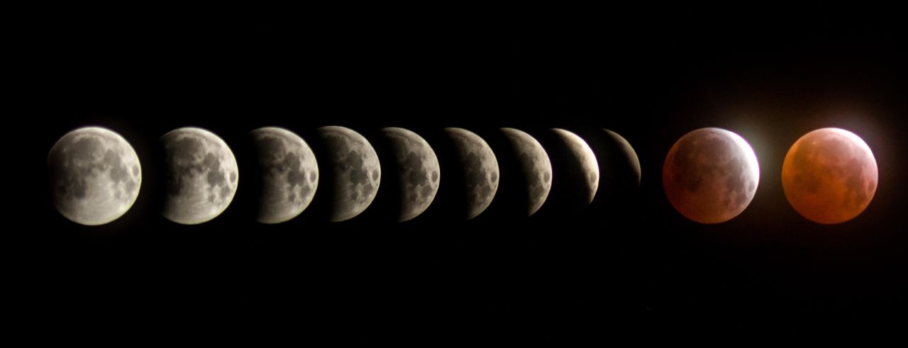BG Boyd creó una composición del eclipse lunar total en el lapso de dos horas el sábado por la mañana en Tucson, Arizona. Hay 10 minutos entre cada marco, explicó.