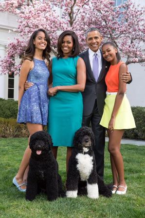 The President, first lady Michelle Obama and their daughters, Sasha and Malia, pose with Sunny and Bo on Easter Sunday in April 2015.