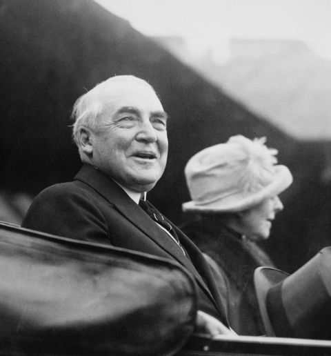 Warren G. Harding and first lady Florence Harding leave the U.S. Army Port of Debarkation at Hoboken, New Jersey, on May 23, 1921. Harding used the campaign slogan "A return to normalcy" in 1920.