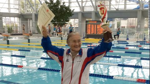 Mieko Nagaoka, a 100-year-old Japanese woman who became the world's first centenarian to complete a 1,500-meter freestyle swim, hopes to swim until she is 105. She took up swimming<a href="http://edition.cnn.com/2015/04/06/sport/100-year-old-swimmer-record-holder/"> at age 80</a> to help with a knee problem. She credits the exercise with her healthy and long life. She trains four days a week. 
