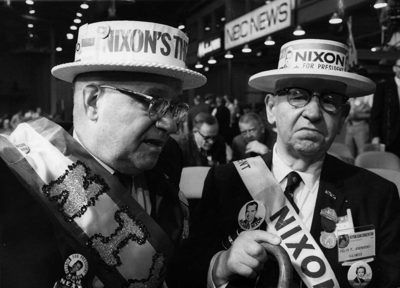 Two supporters of Richard Nixon attend the Republican National Convention on August 9, 1968, in Miami Beach, Florida, where Nixon was nominated Republican presidential candidate. His campaign slogan was, "Nixon's the One."