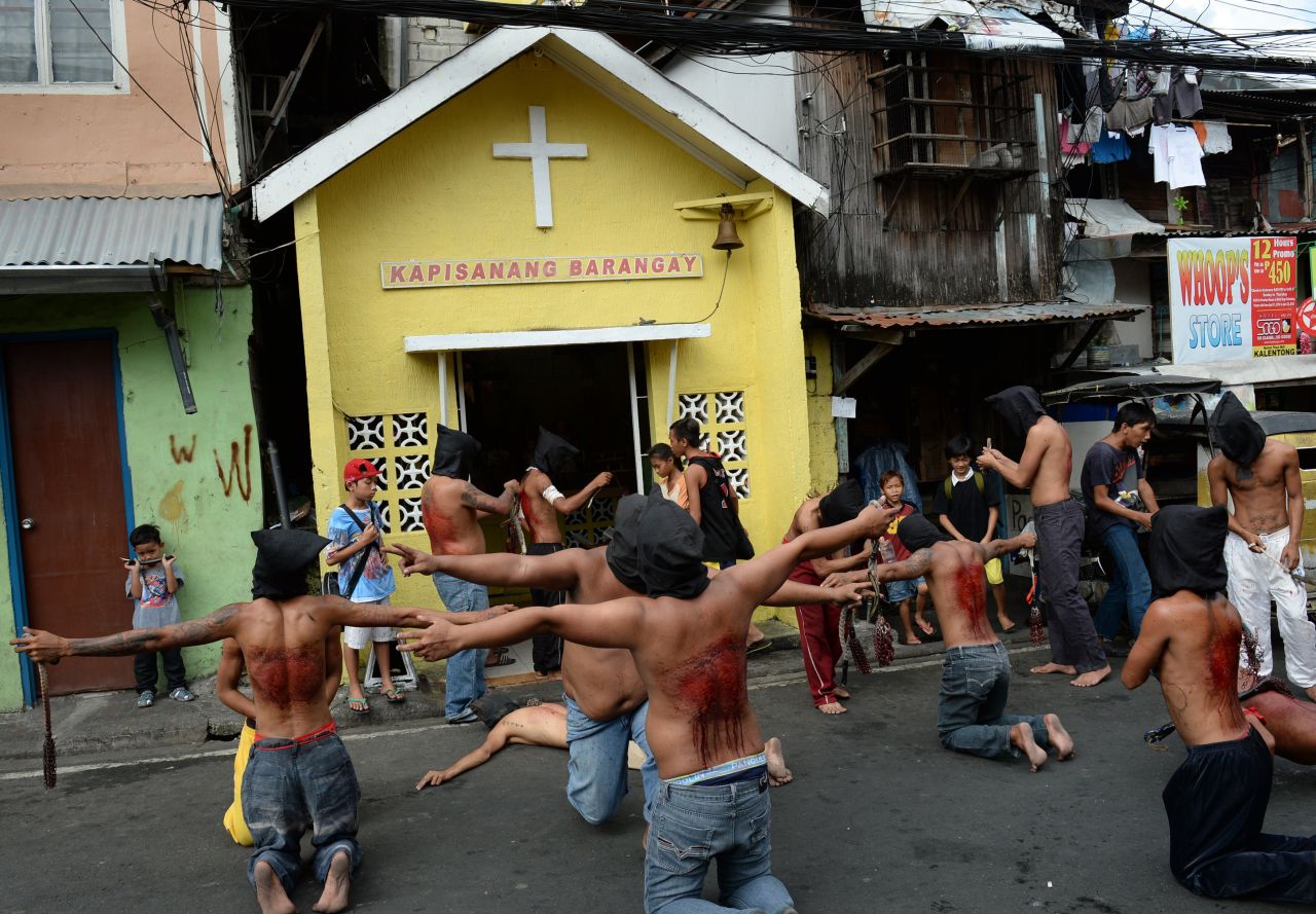 The dominant Roman Catholic church does not condone flagellation or crucifixion, but some devout Catholics say it is a means of atoning for their sins.