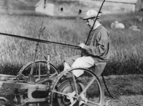 Coolidge mows his father's farm in Plymouth, Vermont, circa 1920. Coolidge used the slogan "Keep cool with Coolidge" in 1924.