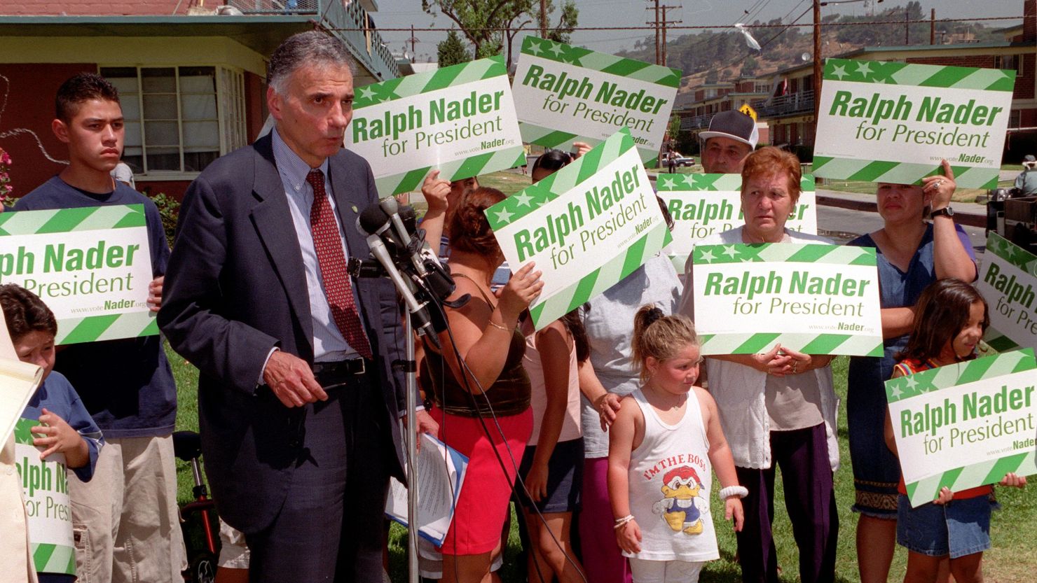 U.S. Green Party presidential candidate Ralph Nader attends a conference on June 26, 2000 In Los Angeles, California. Nader ran on the slogan "Government Of, By, and For the People...Not the Monied Interests."