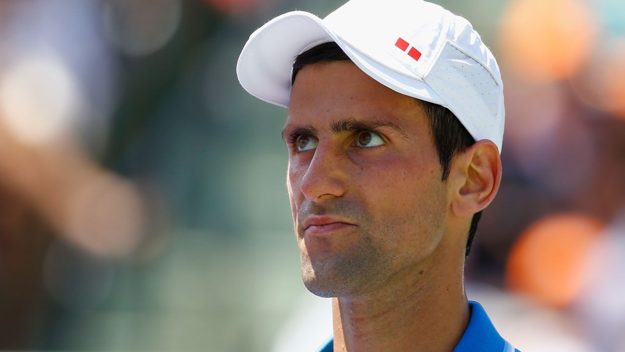 KEY BISCAYNE, FL - APRIL 05: Novak Djokovic of Serbia looks on against Andy Murray of Great Britain during the Men's final match on day 14 of the Miami Open at Crandon Park Tennis Center on April 5, 2015 in Key Biscayne, Florida. (Photo by Al Bello/Getty Images)