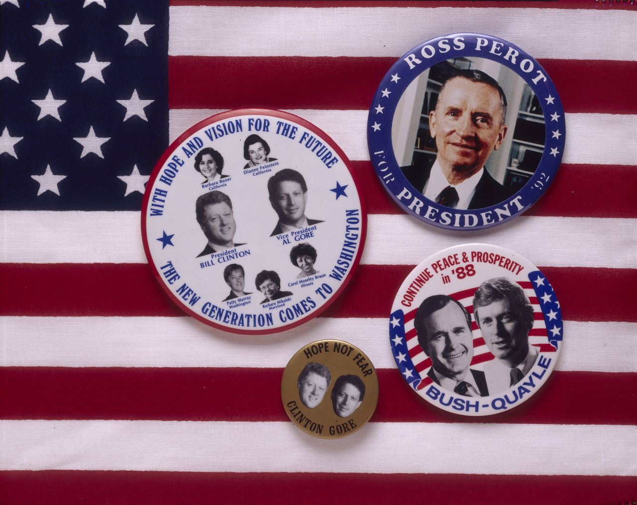 A badge for the 1992 presidential election features Democratic candidates Bill Clinton and Al Gore with the slogan "Hope not fear." 