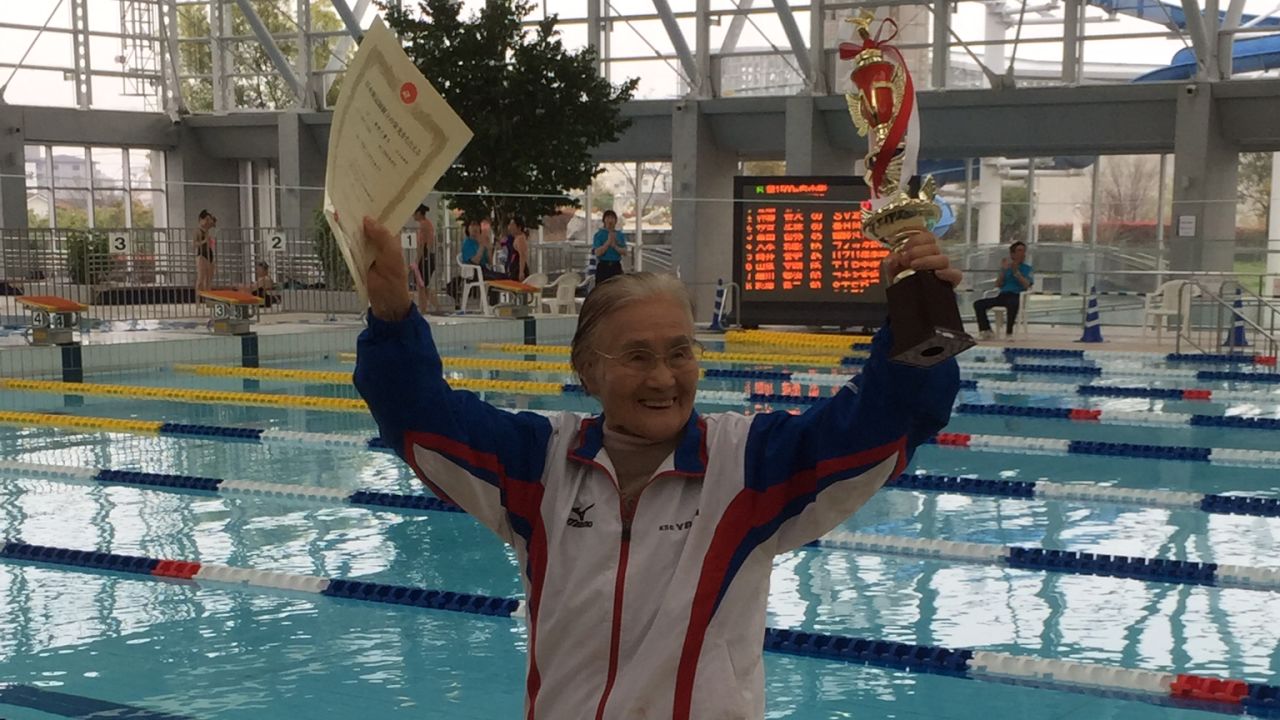 Mieko Nagaoka, a 100-year old Japanese woman has become the world's first centenarian to complete a 1,500 meter freestyle swim. She took one hour, 15 minutes and 54.39 seconds to finish the race as the sole competitor in the 100-104 year old category.