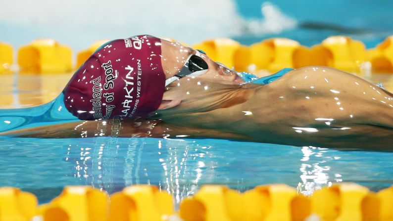 Mitch Larkin competes in the 100-meter backstroke during the Australian Swimming Championships on Saturday, April 4. He finished first in the event.