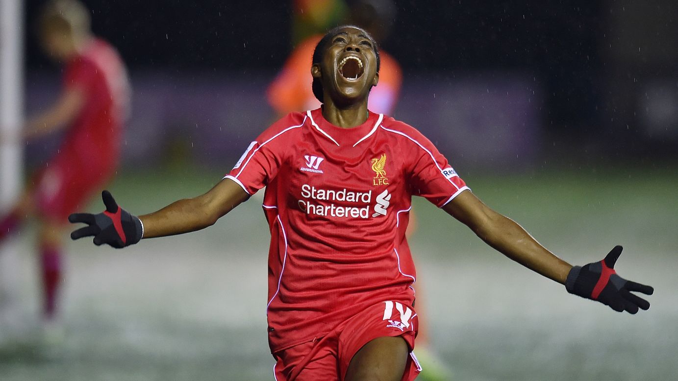 Asisat Oshoala celebrates after scoring the opening goal for Liverpool Ladies during a match against Birmingham City Ladies on Wednesday, April 1. It was Oshoala's first goal for the club, which won the match 2-1 in Widnes, England.