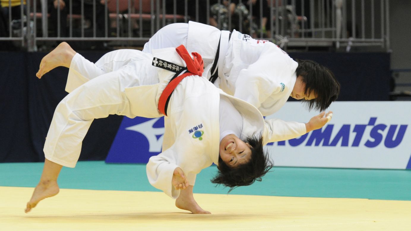 Shori Hamada, bottom, and Rika Takayama compete in the All-Japan Judo Championships on Sunday, April 5. Hamada defeated Takayama in what was the final of their weight class.