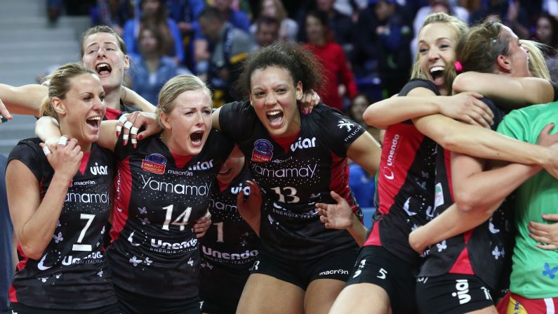 Players on Unendo Yamamay, a pro volleyball team from Busto Arsizio, Italy, celebrate after winning a Champions League semifinal in Szczecin, Poland, on Saturday, April 4.