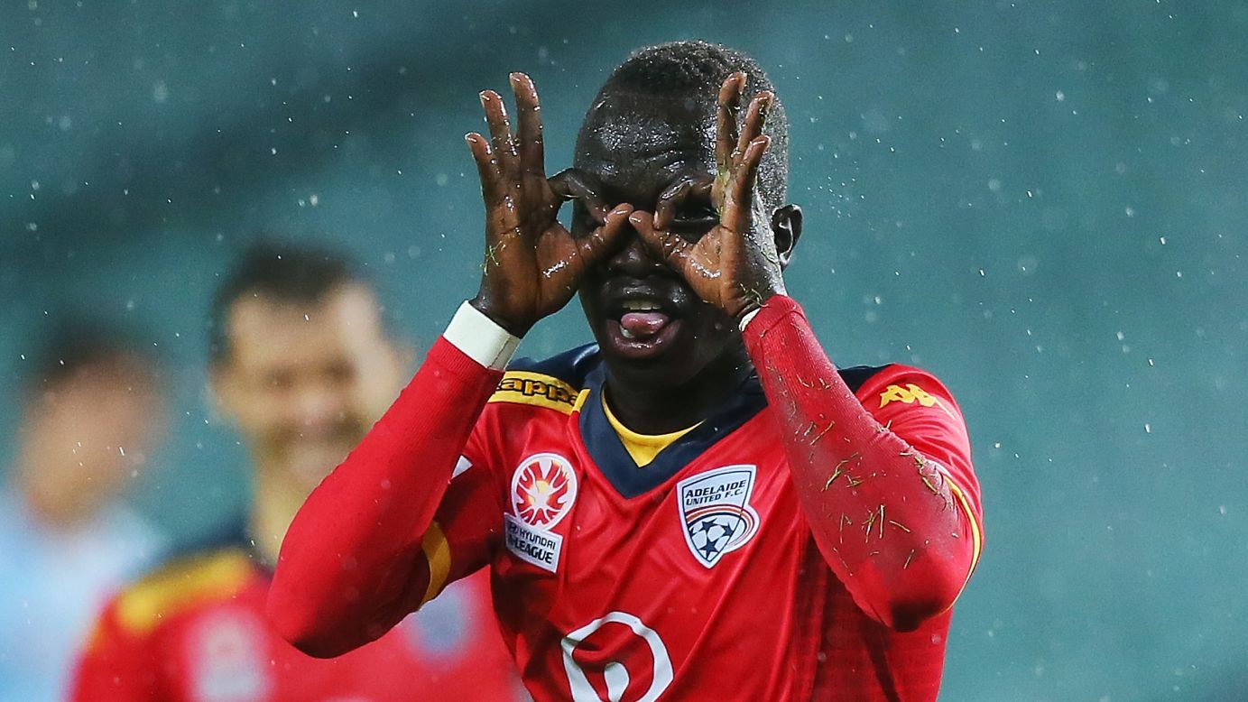 Awer Mabil celebrates after scoring for Adelaide United during its 1-0 victory at Sydney FC on Saturday, April 4.