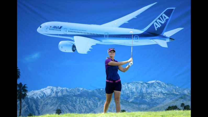 Anna Nordqvist plays her tee shot with a colorful ad behind her during the first round of the ANA Inspiration on Thursday, April 2. The tournament, played in Rancho Mirage, California, is the first LPGA major of the season.
